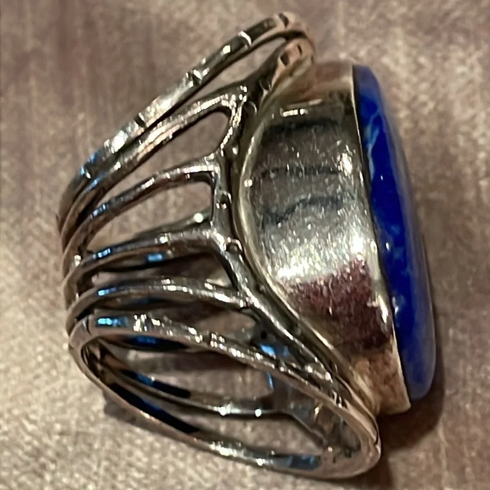 Enormous Lapis Lazuli Sterling Silver Cage Ring size 6 - Picture 4 of 9